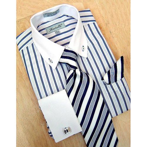 Fratello White/Navy Stripes Shirt/Tie/Hanky Set DS3720P2